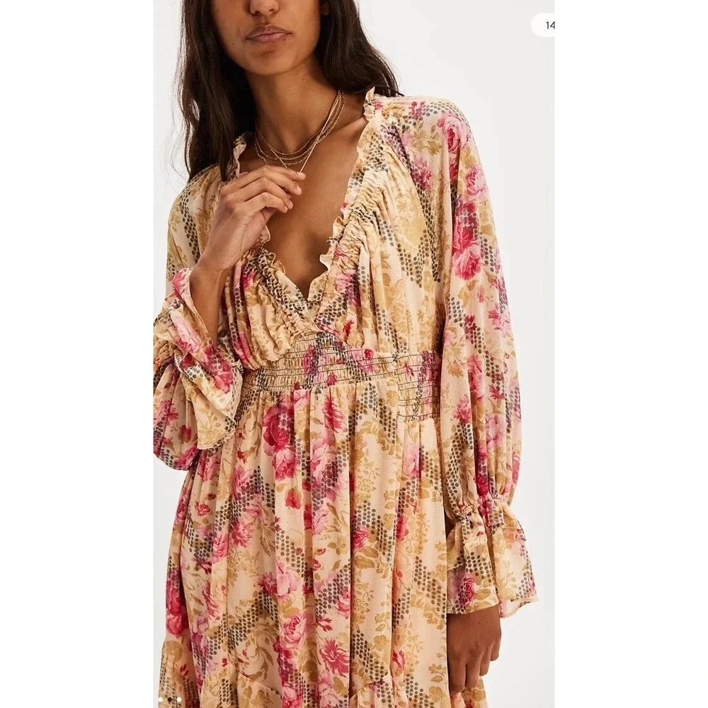 Free People Floral Maxi Dress Natural Combo V-Neck Smocked Waist Small OB2097030 - Picture 3 of 15